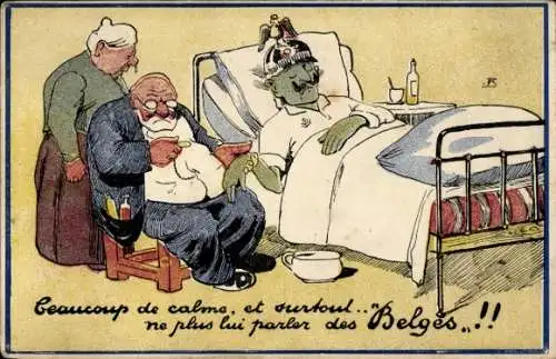 Präge Ak Karikatur, Kaiser Wilhelm II., Krankenbett, Arzt, Sprechen Sie nicht mit ihm über Belgien