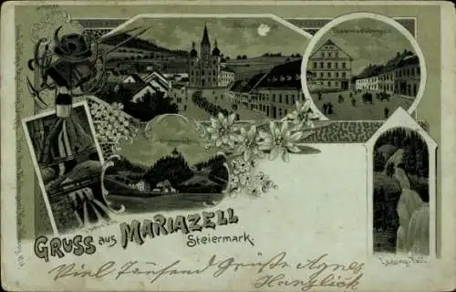 Mondschein Litho Mariazell Steiermark, Wasserfall, Wallfahrtskirche, Straßenpartie