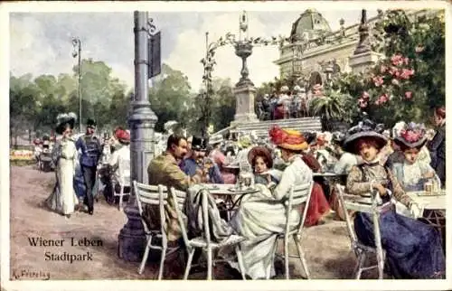 Künstler Ak Feiertag, Karl, Wien, Wiener Leben, Stadtpark, Kaffeeterrasse, BKWI 631-9