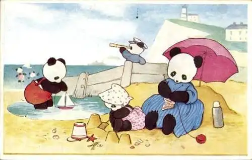 Künstler Ak Wickham, Peggy, Vermenschlichte Pandabären, Familie am Strand