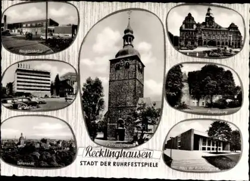 Ak Recklinghausen im Ruhrgebiet, Hauptbahnhof, Petruskirche, Engelsburg, Rathaus, Europahotel