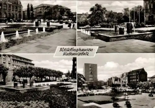 Ak Recklinghausen im Ruhrgebiet, Brunnen, Fontänen und Gartenanlagen auf dem Rathausplatz