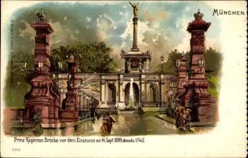 Litho München, Prinzregenten-Brücke vor dem Einsturz 1899