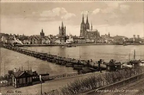 Ak Köln am Rhein, Panorama von Deutz gesehen, Dom, Schiffbrücke