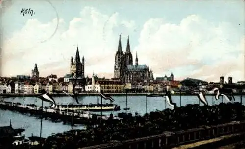 Ak Köln am Rhein, Schiffbrücke, Dampfer, Dom, Türme