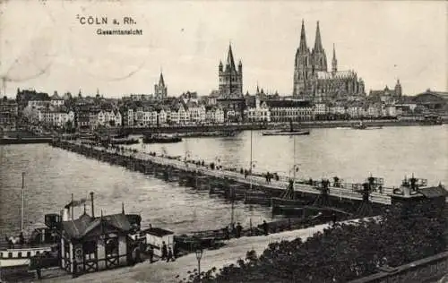 Ak Köln am Rhein, Gesamtansicht, Dom, Schiffbrücke