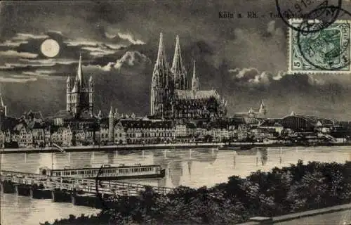 Ak Köln am Rhein, Uferansicht mit Dom, Vollmond