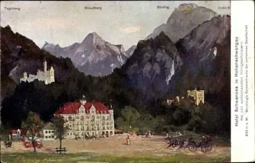 Künstler Ak Füssen im Ostallgäu, Hotel Schwansee, Säuling, Tegelberg, Straußberg