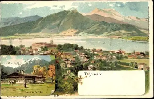 Litho Tegernsee in Oberbayern, Gesamtansicht, Bauer in der Au