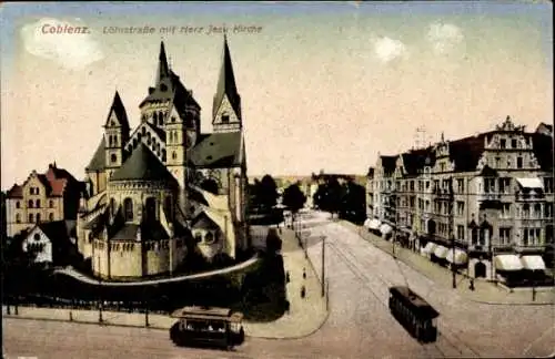 Ak Koblenz in Rheinland Pfalz, Löhrstraße mit Herz Jesu Kirche, Straßenbahnen