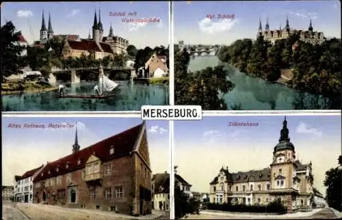 Ak Merseburg an der Saale, Schloss, Altes Rathaus, Ratskeller, Ständehaus, Waterloobrücke