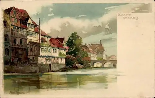 Künstler Litho Hammel, Otto, Hannover in Niedersachsen, Partie auf dem Fluss, Fachwerkhäuser, Brücke