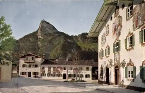 Ak Oberammergau in Oberbayern, Hauptstraße, bemalte Häuser mit Kofel