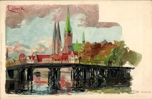 Künstler Litho Kley, Heinrich, Lübeck, Brücke, Kirche