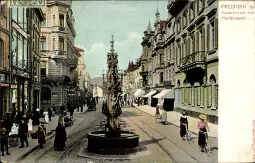 Ak Freiburg im Breisgau, Kaiserstraße mit Fischbrunnen und Passanten