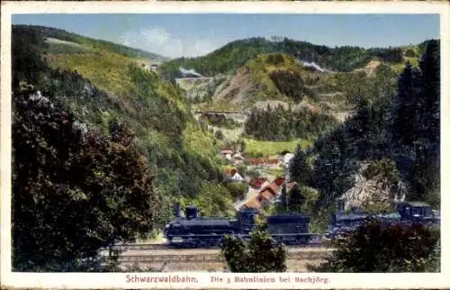 Ak Triberg im Schwarzwald, Gasthaus Bachjörg, Schwarzwaldbahn, 3 Bahnlinien, Eisenbahn