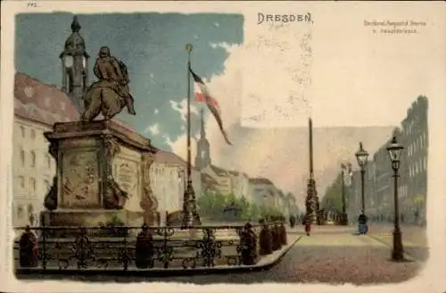 Litho Dresden Neustadt, Denkmal August d. Starke, Hauptstraße