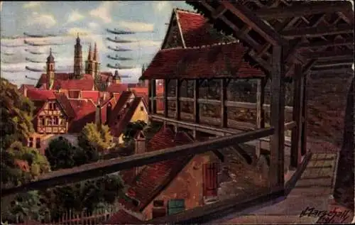 Künstler Ak Marschall, V., Rothenburg Mittelfranken, Blick vom Wehrgang auf Rathaus und Jakobskirche