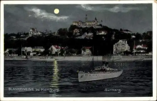 Mondschein Ak Hamburg Altona Blankenese, Blick über den Hafen zum Süllberg, Dampfer