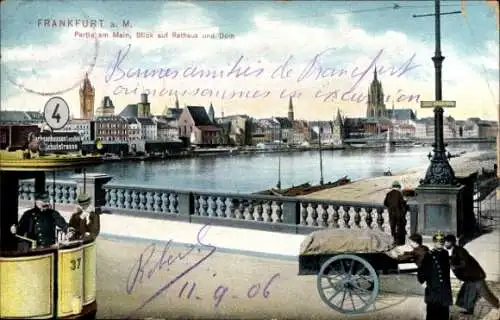 Ak Frankfurt am Main, Brücke, Straßenbahn Linie 4 mit Fahrer, Rathaus, Dom