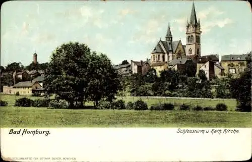 Ak Bad Homburg vor der Höhe Hessen, Schlossturm u. Kath. Kirche