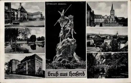 Ak Herford in Westfalen, Wittekind's Denkmal, Rathaus, Krankenhaus, Münsterkirche, Herthabrücke