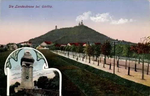 Ak Görlitz in der Lausitz, Blick zur Landeskrone, Bismarcksäule, Straßenpartie