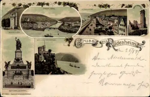 Litho Rüdesheim am Rhein, Schloss Rheinstein, National Denkmal, Mäuseturm, Ruine Ehrenfels