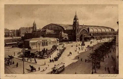 Ak Hamburg Mitte Altstadt, Hauptbahnhof, Totalansicht, Straßenbahn, Fußgänger, Pferdekutschen