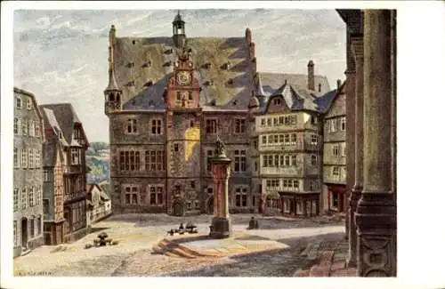 Künstler Ak Lindegreen, K., Marburg an der Lahn, Marktplatz mit Rathaus