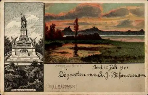 Litho Rüdesheim am Rhein, Niederwald Nationaldenkmal, Reklame, Tee Messmer