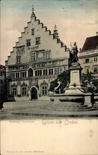 Ak Lindau am Bodensee Schwaben, Rathaus, Vorderseite, Giebelhaus, Brunnen