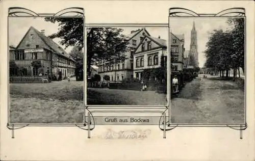 Ak Bockwa Zwickau in Sachsen, Teilansichten, Gasthof, Straßenpartie, Kirche, Gebäue