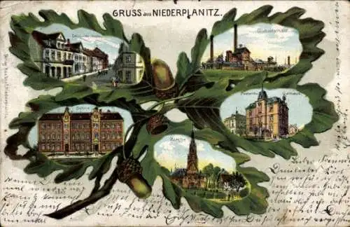 Eichenblatt Litho Niederplanitz Planitz Zwickau in Sachsen, Glückaufschacht, Schule, Kirche, Rathaus