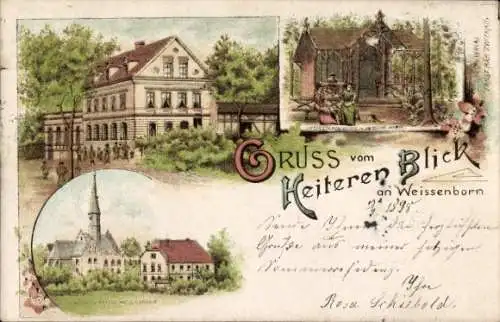 Litho Weißenborn Zwickau in Sachsen, Gasthaus Heiterer Blick, Unterstandhütte, Kirche