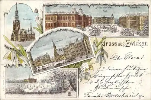 Winter Litho Zwickau in Sachsen, Marienkirche, Landgericht, Albertplatz, Post, Gewandhaus, Rathaus