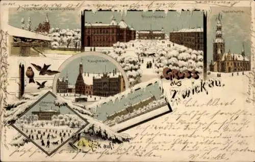 Winter Litho Zwickau in Sachsen, Paradiesbrücke, Hauptmarkt, Schwanenteich, Kaserne, Marienkirche