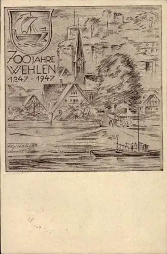 Wappen Künstler Ak Stadt Wehlen an der Elbe Sachsen, Blick auf den Ort, 700 Jahrfeier 1947