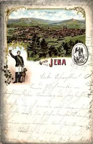 Studentika Litho Jena in Thüringen, Residenz- und Universitätsstadt, Student mit Hund, Totale