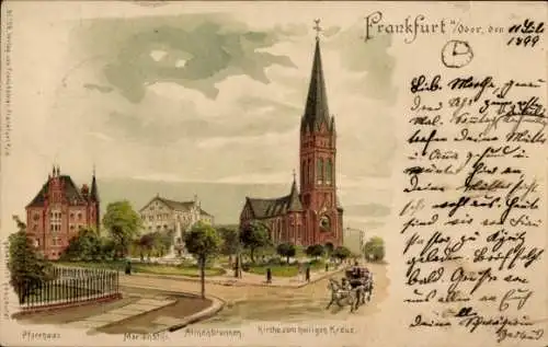 Litho Frankfurt an der Oder, Marienstift, Pfarrhaus, Kirche zum heiligen Kreuz, Brunnen