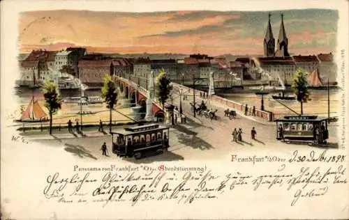 Litho Frankfurt an der Oder, Stadtpanorama, Abendstimmung, Oderbrücke, Straßenbahnen