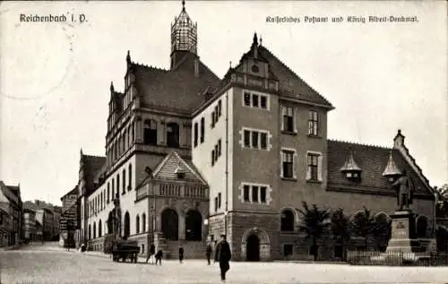 Ak Reichenbach im Vogtland, Kaiserliches Postamt und König Albert Denkmal