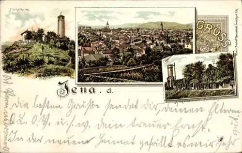 Litho Jena in Thüringen, Kriegerdenkmal, Forsthaus, Fuchsturm, Totalansicht