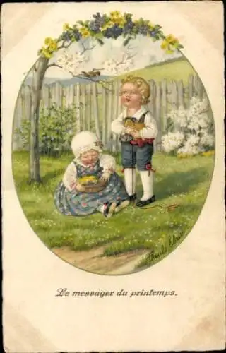 Künstler Litho Ebner, Pauli, Le messager du printemps, Kinder auf einer Wiese, Frühling