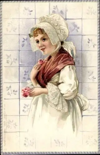 Präge Litho Portrait einer jungen Frau in Tracht, Rosen