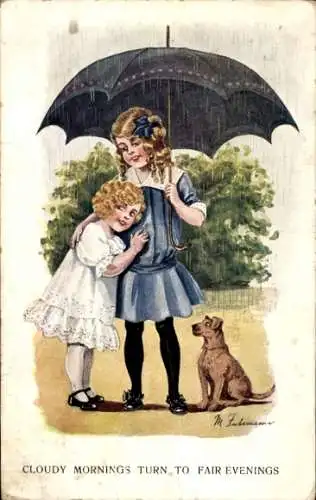 Künstler Ak Fuhrmann, M., Mädchen, Hund, Regenschirm, Regen