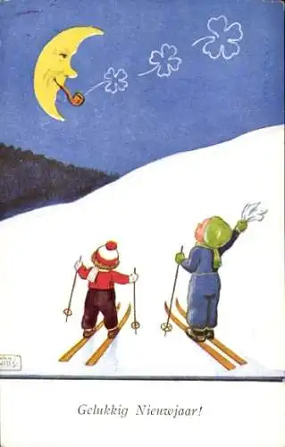 Künstler Ak Wills, John, Fröhliches Neujahr, Kinder, Ski, vermenschlichter Mond mit Pfeife, Klee