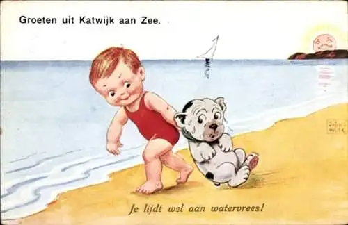 Künstler Ak Wills, John, Zandvoort, Junge am Strand zieht Hund ins Wasser