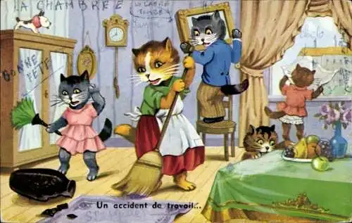 Ak Vermenschlichte Katzen beim Putzen, Besen, Staubwedel