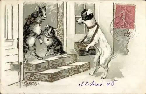 Litho Vermenschlichte Hauskatzen und Terrier als Handelsvertreter, Chicorée nouvelle & Moka Casiez